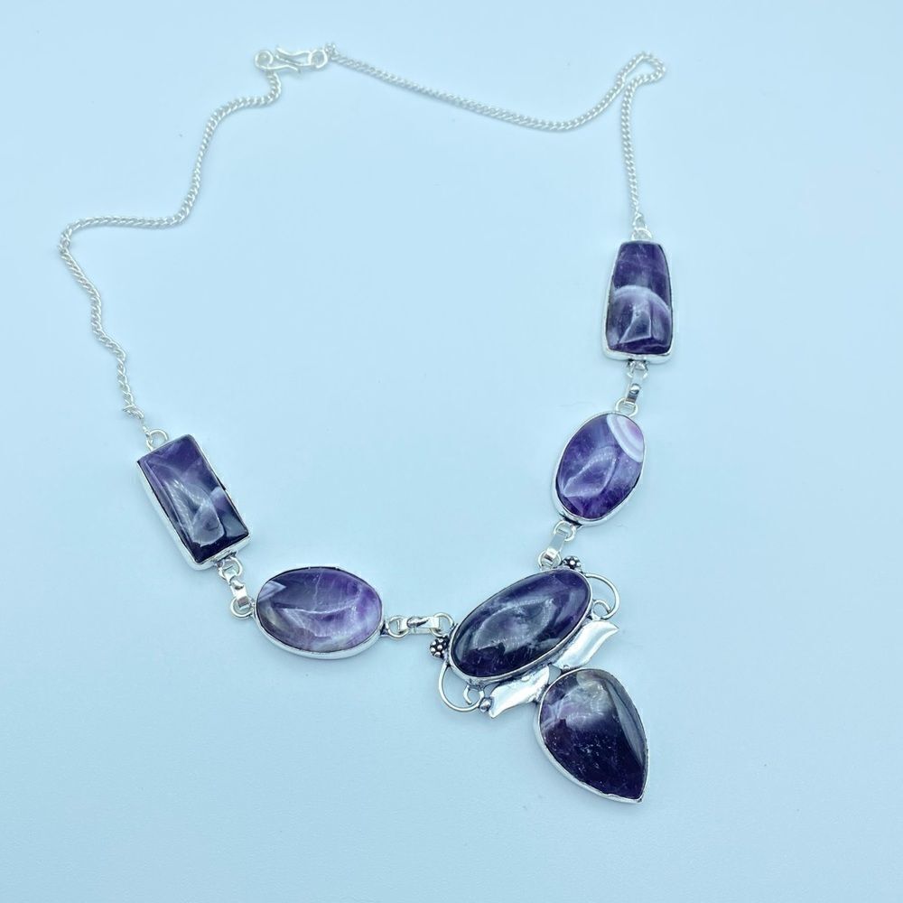 Banded Amethyst Silver Necklace Boho